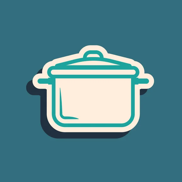 Ícone de panela de cozinha verde isolado no fundo azul. Ferva ou guisado símbolo de comida. Estilo de sombra longo. Ilustração vetorial — Vetor de Stock