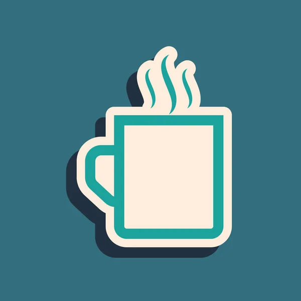 Tasse à café vert icône plate isolée sur fond bleu. Une tasse de thé. Café chaud. Style ombre longue. Illustration vectorielle — Image vectorielle