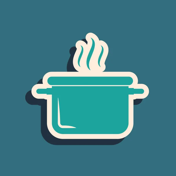 Icono de olla de cocina verde aislado sobre fondo azul. Hervir o guisar el símbolo de la comida. Estilo de sombra larga. Ilustración vectorial — Archivo Imágenes Vectoriales