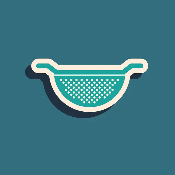 Green Kitchen colander icon isolated on blue background. Cooking utensil. Cutlery sign. Long shadow style. Vector Illustration — Stock Vector
