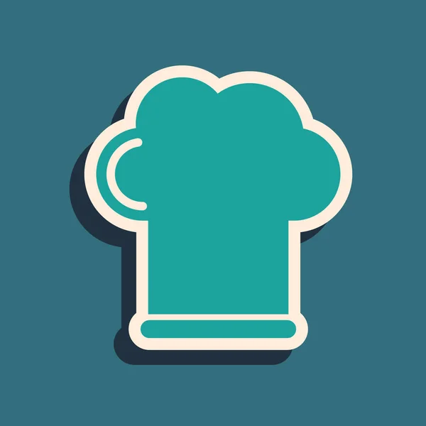 Grön Chef hatt ikon isolerad på blå bakgrund. Matlagningssymbol. Cooks hatt. Lång skuggstil. Vektor Illustration — Stock vektor