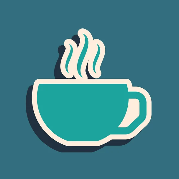 Xícara de café verde ícone plano isolado no fundo azul. Uma chávena. Café quente. Estilo de sombra longo. Ilustração vetorial —  Vetores de Stock