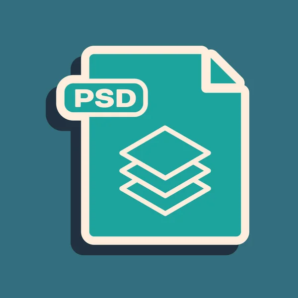 Groen PSD-bestands document. Download PSD knoppictogram geïsoleerd op blauwe achtergrond. PSD-bestand symbool. Lange schaduwstijl. Vector illustratie — Stockvector