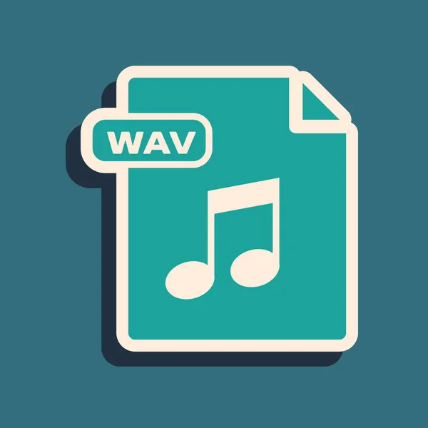 Зеленый WAV-файл. Иконка кнопки выделена на синем фоне. WAV формирует формат аудио-файлов для цифровых аудио-файлов. Длинный стиль тени. Векторная миграция — стоковый вектор
