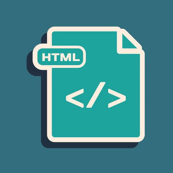 Зелений документ HTML. Звантажити піктограму кнопок html ізольовано на синьому фоні. Символ файла HTML. Символ мови розмітки. Довгий стиль тіней. Векторна ілюстрація — стоковий вектор