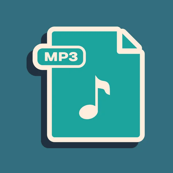 Grüne mp3-Datei Dokument. mp3-Symbol auf blauem Hintergrund isoliert herunterladen. mp3 Musikformat Zeichen. mp3-Dateisymbol. Lange Schatten. Vektorillustration — Stockvektor