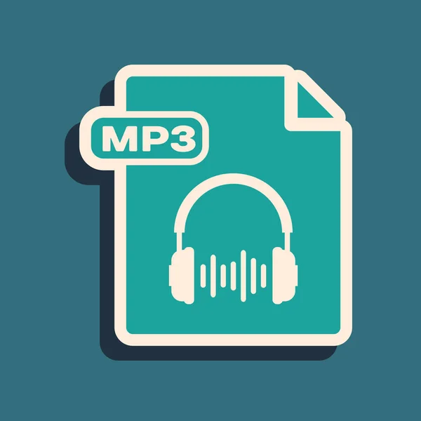 Grönt MP3-fildokument. Ladda ner MP3-knappen ikon isolerad på blå bakgrund. MP3 musik format tecken. MP3-filsymbol. Lång skugg stil. Vektor illustration — Stock vektor