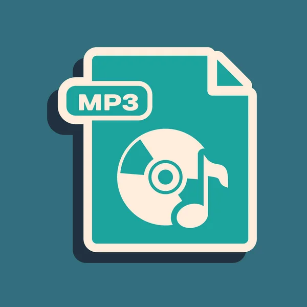 Green MP3 file document. Download mp3 button icon isolated on blue background. Mp3 music format sign. MP3 file symbol. Long shadow style. Vector Illustration — Stock Vector