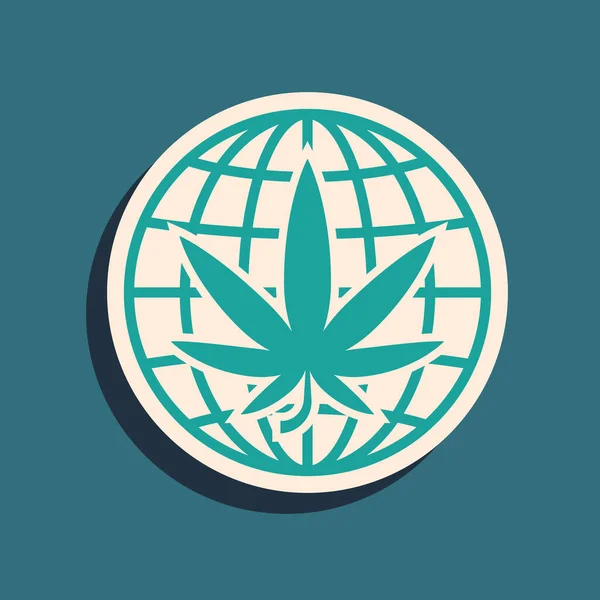 Green Legalize marijuana or cannabis globe symbol icon isolated on blue background. Hemp symbol. Long shadow style. Vector Illustration — Stock Vector