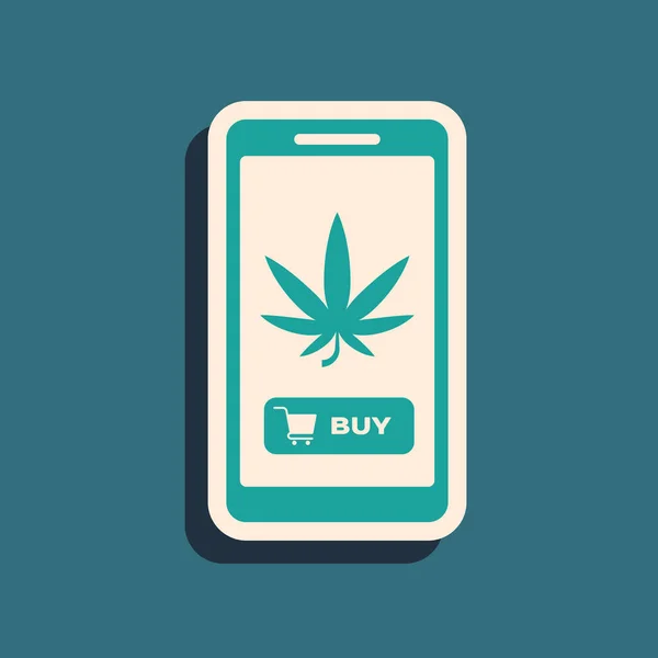Telefone móvel verde e maconha medicinal ou ícone de folha de cannabis isolado no fundo azul. Símbolo de compra online. Cesta de supermercado. Estilo de sombra longo. Ilustração vetorial — Vetor de Stock