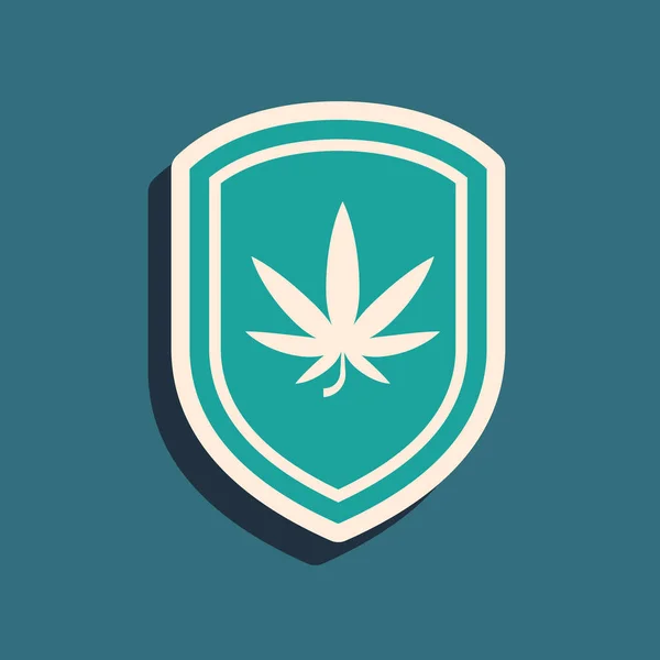 Grünes Schild und Marihuana oder Cannabisblatt-Symbol isoliert auf blauem Hintergrund. Marihuana-Legalisierung. Hanf-Symbol. Lange Schatten. Vektorillustration — Stockvektor