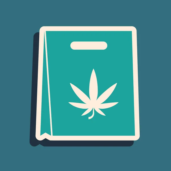 Yeşil Marihuana poşeti ya da mavi arka planda izole edilmiş kenevir yaprağı ikonu. Kenevir almak. Kenevir sembolü. Uzun gölge tarzı. Vektör İllüstrasyonu — Stok Vektör