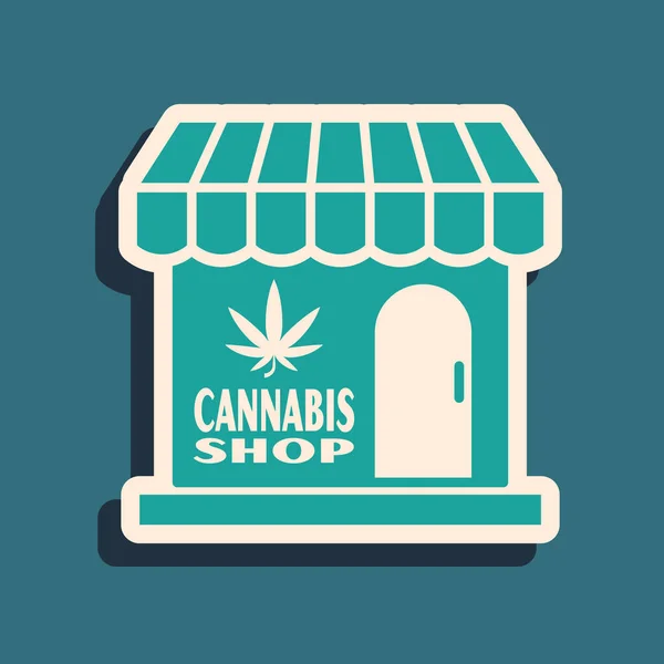 Mavi arka planda yeşil marihuana ve kenevir dükkanı ikonu var. Sigara içmek, tıbbi esrar depolamak için ekipman ve aksesuarlar. Uzun gölge tarzı. Vektör İllüstrasyonu — Stok Vektör