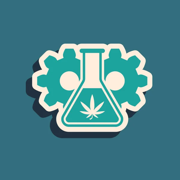 Green Chemical test tube with marijuana or cannabis leaf icon isolated on blue background. Research concept. Laboratory CBD oil concept. Long shadow style. Vector Illustration — 스톡 벡터