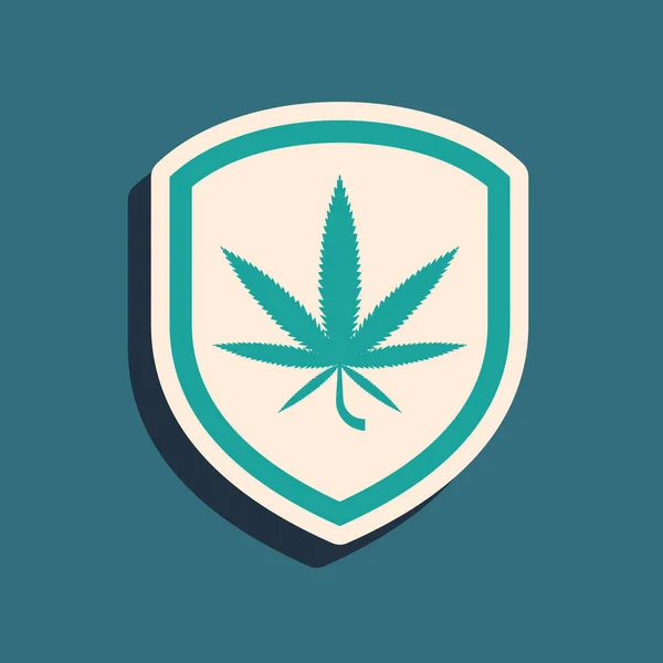 Green Shield and marijuana or cannabis leaf icon isolated on blue background. Marijuana legalization. Hemp symbol. Long shadow style. Vector Illustration — ストックベクタ