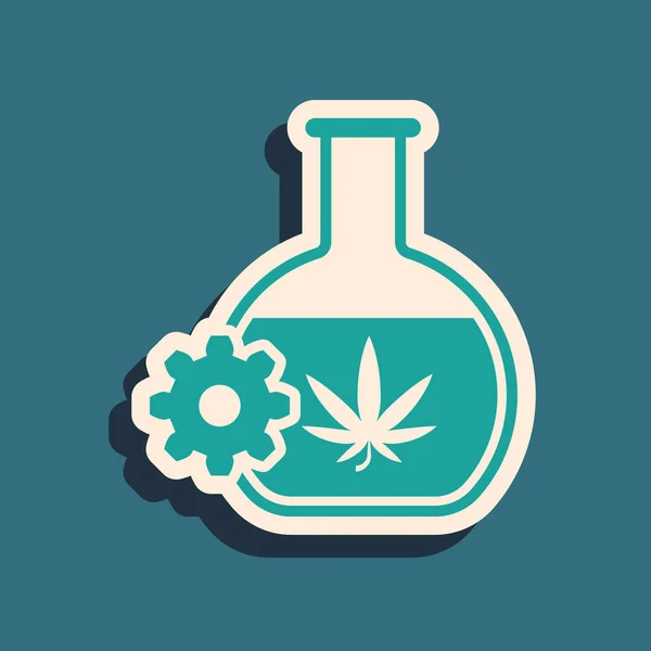 Green Chemical test tube with marijuana or cannabis leaf icon isolated on blue background. Research concept. Laboratory CBD oil concept. Long shadow style. Vector Illustration — 스톡 벡터