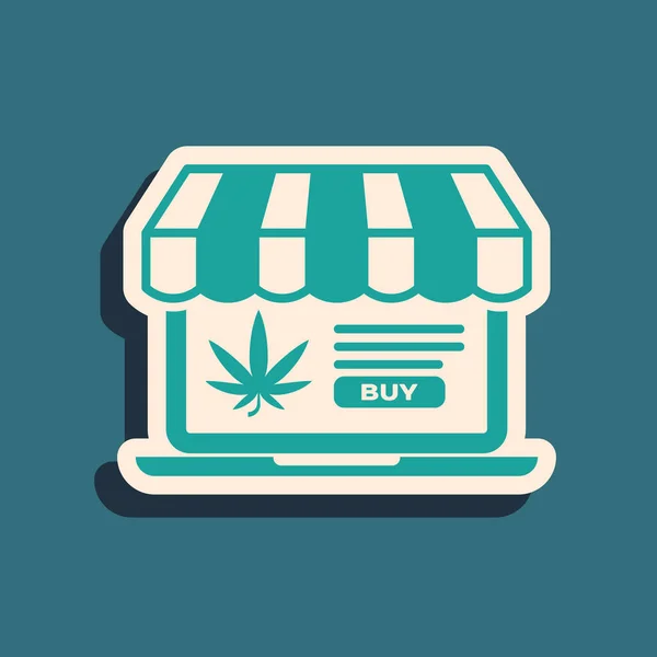 Green Laptop a lékařské marihuany nebo konopných listů ikony izolované na modrém pozadí. Online nákupní symbol. Koš v supermarketu. Dlouhý stínový styl. Vektorová ilustrace — Stockový vektor