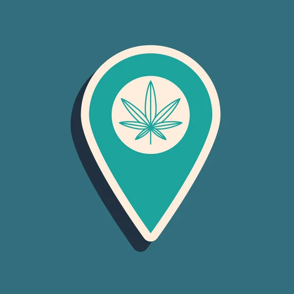 Green Map pointer and marijuana or cannabis leaf icon isolated on blue background. Hemp symbol. Long shadow style. Vector Illustration — Stock Vector