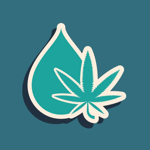 Yeşil Tıbbi marihuana veya kenevir yaprağı zeytinyağı damlası ikonu mavi arka planda izole edilmiş. Esrar özütü. Kenevir sembolü. Uzun gölge tarzı. Vektör İllüstrasyonu — Stok Vektör