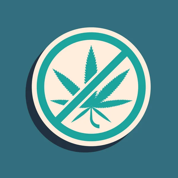 Green Stop marijuana o icona foglia di cannabis isolata su sfondo blu. Non fumare marijuana. Simbolo di canapa. Lungo stile ombra. Illustrazione vettoriale — Vettoriale Stock