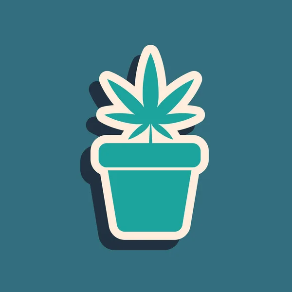 Marihuana medicinal verde o planta de cannabis en maceta icono aislado sobre fondo azul. Concepto de cultivo de marihuana. Planta en maceta de cáñamo. Estilo de sombra larga. Ilustración vectorial — Vector de stock