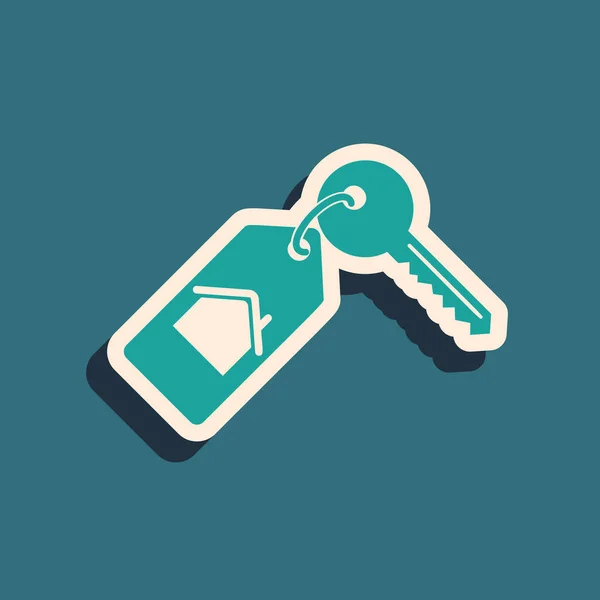 Green House with key icon isolated on blue background. The concept of the house turnkey. Long shadow style. Vector Illustration — ストックベクタ