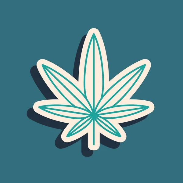 Grünes medizinisches Marihuana oder Cannabisblatt auf blauem Hintergrund. Hanf-Symbol. Lange Schatten. Vektorillustration — Stockvektor