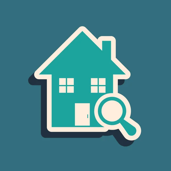 Green Search house icon isolated on blue background. Real estate symbol of a house under magnifying glass. Long shadow style. Vector Illustration — Stock Vector