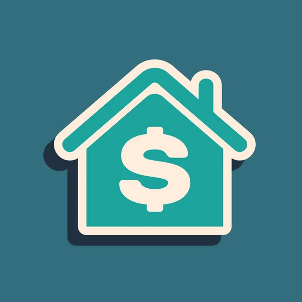 Зеленый дом с символом доллара, выделенным на синем фоне. Дом и деньги. Концепция недвижимости. Длинный стиль тени. Векторная миграция — стоковый вектор