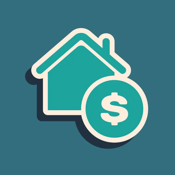 Casa Verde con símbolo del dólar icono aislado sobre fondo azul. Hogar y dinero. Concepto inmobiliario. Estilo de sombra larga. Ilustración vectorial — Vector de stock