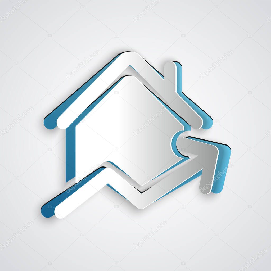 Paper cut Rising cost of housing icon isolated on grey background. Rising price of real estate. Residential graph increases. Paper art style. Vector Illustration