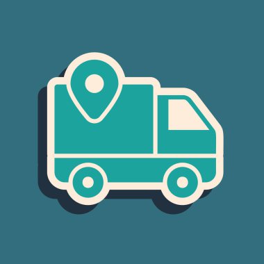 Yeşil Teslimat izleme simgesi mavi arkaplanda izole edildi. Paket takibi. Uzun gölge tarzı. Vektör İllüstrasyonu