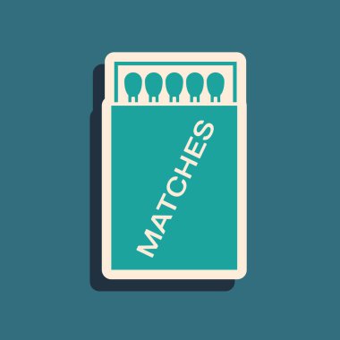 Yeşil Açık kibrit kutusu ve mavi arkaplanda izole edilmiş kibrit kutusu. Uzun gölge tarzı. Vektör İllüstrasyonu