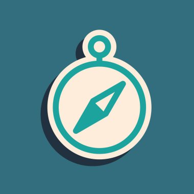 Mavi arkaplanda yeşil pusula simgesi izole edildi. Rüzgâr yön bulma sembolü. Rüzgar gül işareti. Uzun gölge tarzı. Vektör İllüstrasyonu