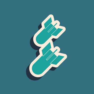 Yeşil Havacılık bomba simgesi mavi arka plan üzerinde izole. Roket bombası düşüyor. Uzun gölge stili. Vektör İllüstrasyonu