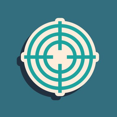 Çekim yarışması ikonu için yeşil hedef sporu mavi arka planda izole edildi. Atış mesafesi ya da atış mesafesi için sayıları olan temiz bir hedef. Uzun gölge tarzı. Vektör İllüstrasyonu