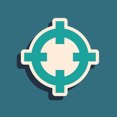 Çekim yarışması ikonu için yeşil hedef sporu mavi arka planda izole edildi. Atış mesafesi ya da atış mesafesi için sayıları olan temiz bir hedef. Uzun gölge tarzı. Vektör İllüstrasyonu