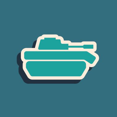 Mavi arka planda yeşil askeri tank ikonu izole edildi. Uzun gölge tarzı. Vektör İllüstrasyonu