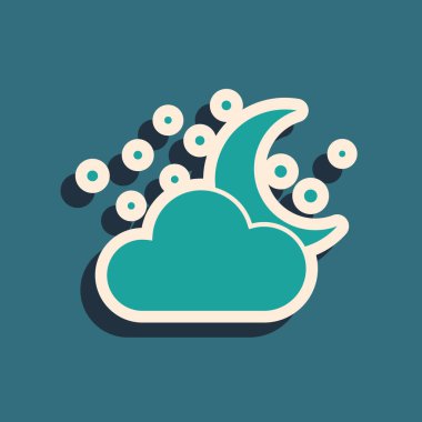 Mavi arka planda izole edilmiş ay ve yıldız simgesine sahip Yeşil Bulut. Bulutlu gece işareti. Uyku rüyaları sembolü. Gece ya da yatak saati işareti. Uzun gölge stili. Vektör İllüstrasyonu