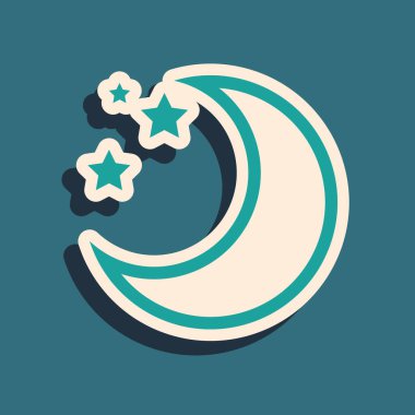 Yeşil Ay ve yıldızlar simgesi mavi arka planda izole. Uzun gölge stili. Vektör İllüstrasyonu