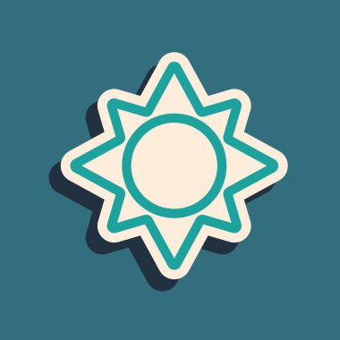 Yeşil Güneş simgesi mavi arka plan üzerinde izole. Uzun gölge stili. Vektör İllüstrasyonu