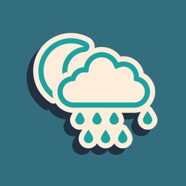 Mavi arka planda, yağmur ve ay ikonu olan Yeşil Bulut. Yağmur damlaları ile yağmur bulutu yağışı. Uzun gölge tarzı. Vektör İllüstrasyonu