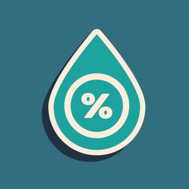 Mavi arka planda yalıtılmış Yeşil Su bırakma yüzdesi simgesi. Nem analizi. Uzun gölge stili. Vektör İllüstrasyonu