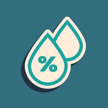 Mavi arka planda yalıtılmış Yeşil Su bırakma yüzdesi simgesi. Nem analizi. Uzun gölge stili. Vektör İllüstrasyonu