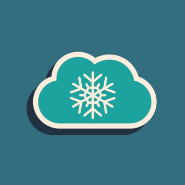 Mavi arka planda izole edilmiş kar simgesine sahip Yeşil Bulut. Kar taneli bulut. Tek hava durumu simgesi. Kar işareti. Uzun gölge stili. Vektör İllüstrasyonu