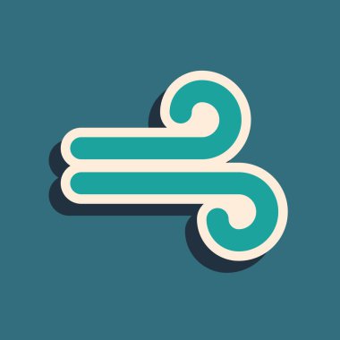 Yeşil Rüzgar simgesi mavi arkaplanda izole edildi. Rüzgarlı bir hava. Uzun gölge tarzı. Vektör İllüstrasyonu