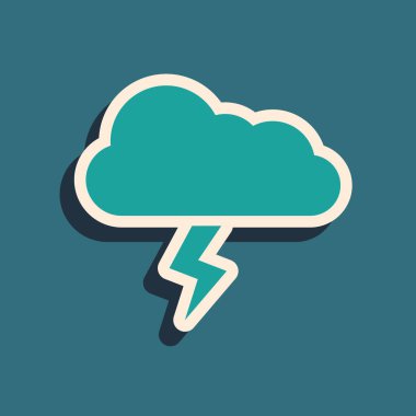 Mavi arka planda yalıtılmış Yeşil Fırtına simgesi. Bulut ve şimşek işareti. Fırtınanın hava ikonu. Uzun gölge stili. Vektör İllüstrasyonu