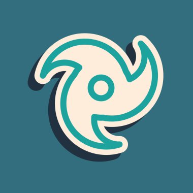 Mavi arkaplanda yeşil tornado simgesi izole edildi. Kasırga, kasırga, fırtına bacası, kasırga ya da hortum ikonu. Uzun gölge tarzı. Vektör İllüstrasyonu