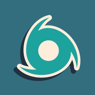 Mavi arkaplanda yeşil tornado simgesi izole edildi. Kasırga, kasırga, fırtına bacası, kasırga ya da hortum ikonu. Uzun gölge tarzı. Vektör İllüstrasyonu