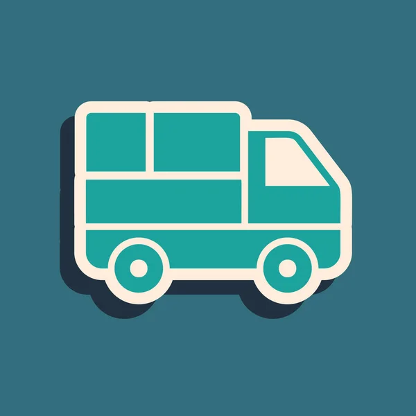 Зеленый грузовик с картонными коробками за иконкой, выделенной на синем фоне. Длинный стиль тени. Векторная миграция — стоковый вектор